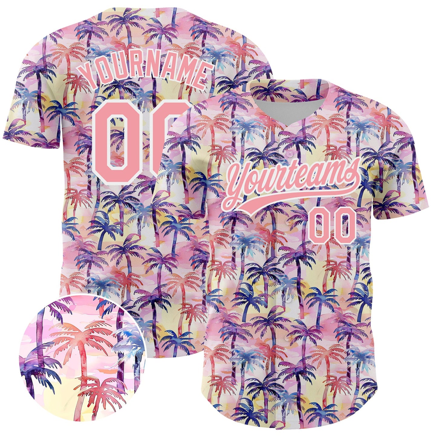 Custom Medium Pink White 3D Pattern Design Tropical Hawaii Palm Trees Authentic Baseball Jersey - Sky-Custom
