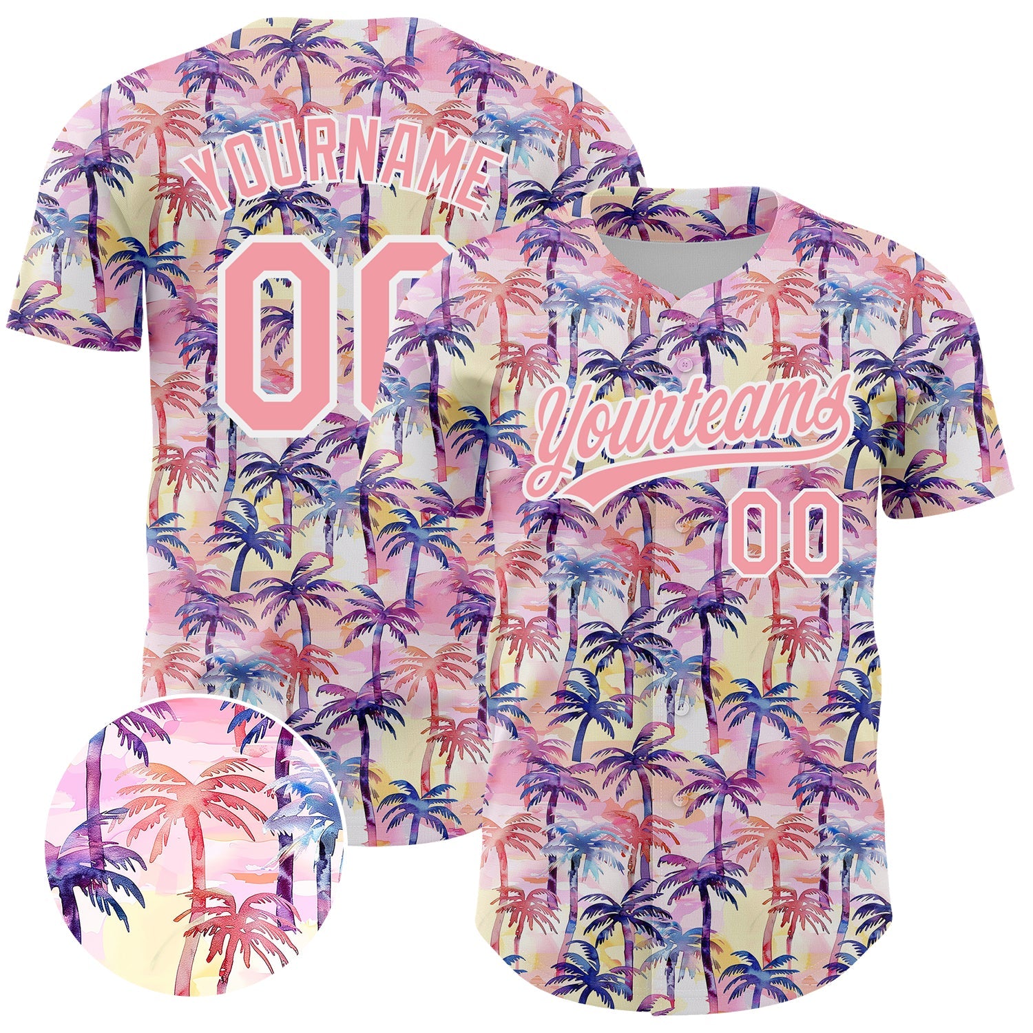 Custom Medium Pink White 3D Pattern Design Tropical Hawaii Palm Trees Authentic Baseball Jersey - Sky-Custom