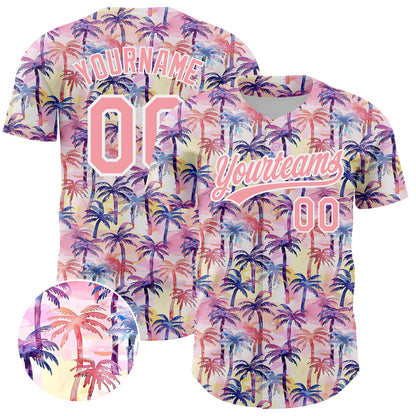 Custom Medium Pink White 3D Pattern Design Tropical Hawaii Palm Trees Authentic Baseball Jersey - Sky-Custom