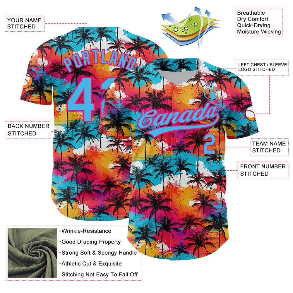 Custom Sky Blue Hot Pink 3D Pattern Design Tropical Hawaii Palm Trees Authentic Baseball Jersey - Sky-Custom