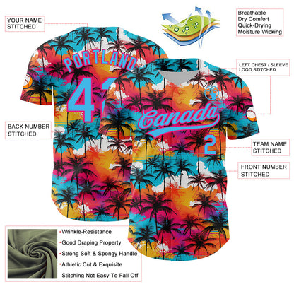 Custom Sky Blue Hot Pink 3D Pattern Design Tropical Hawaii Palm Trees Authentic Baseball Jersey - Sky-Custom