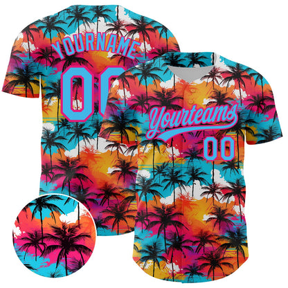Custom Sky Blue Hot Pink 3D Pattern Design Tropical Hawaii Palm Trees Authentic Baseball Jersey - Sky-Custom