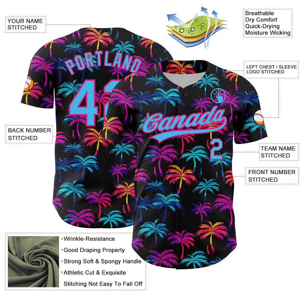 Custom Black Sky Blue-Hot Pink 3D Pattern Design Tropical Hawaii Palm Trees Authentic Baseball Jersey - Sky-Custom
