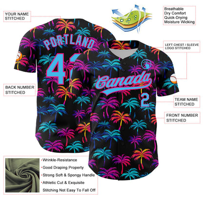 Custom Black Sky Blue-Hot Pink 3D Pattern Design Tropical Hawaii Palm Trees Authentic Baseball Jersey - Sky-Custom