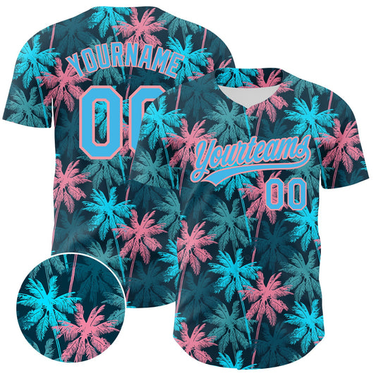 Custom Black Sky Blue-Medium Pink 3D Pattern Design Tropical Hawaii Palm Trees Authentic Baseball Jersey - Sky-Custom