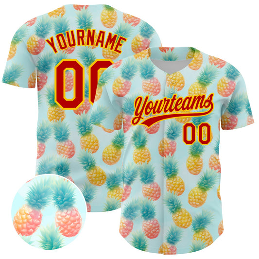 Custom Green Red-Yellow 3D Pattern Design Fruit Pineapple Authentic Baseball Jersey - Sky-Custom