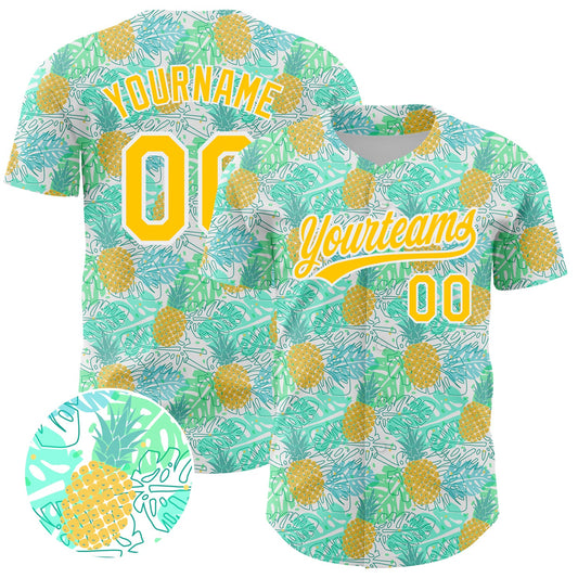 Custom Green Yellow-White 3D Pattern Design Fruit Pineapple Authentic Baseball Jersey - Sky-Custom
