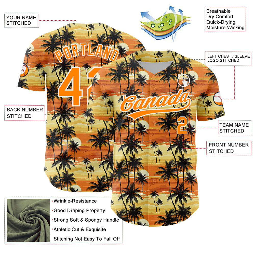Custom Yellow Bay Orange-White 3D Pattern Design Tropical Hawaii Palm Trees Authentic Baseball Jersey - Sky-Custom