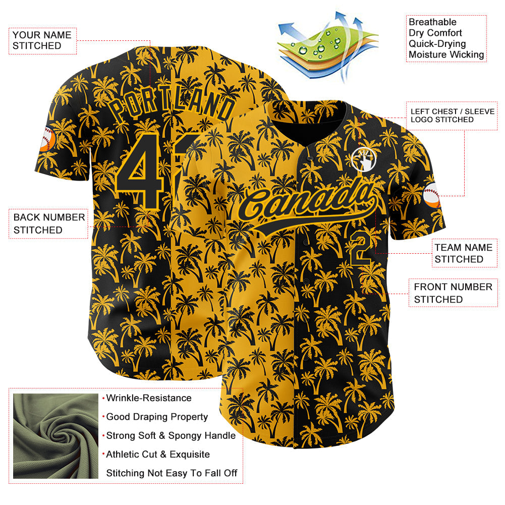 Custom Gold Black 3D Pattern Design Tropical Hawaii Palm Trees Authentic Baseball Jersey - Sky-Custom