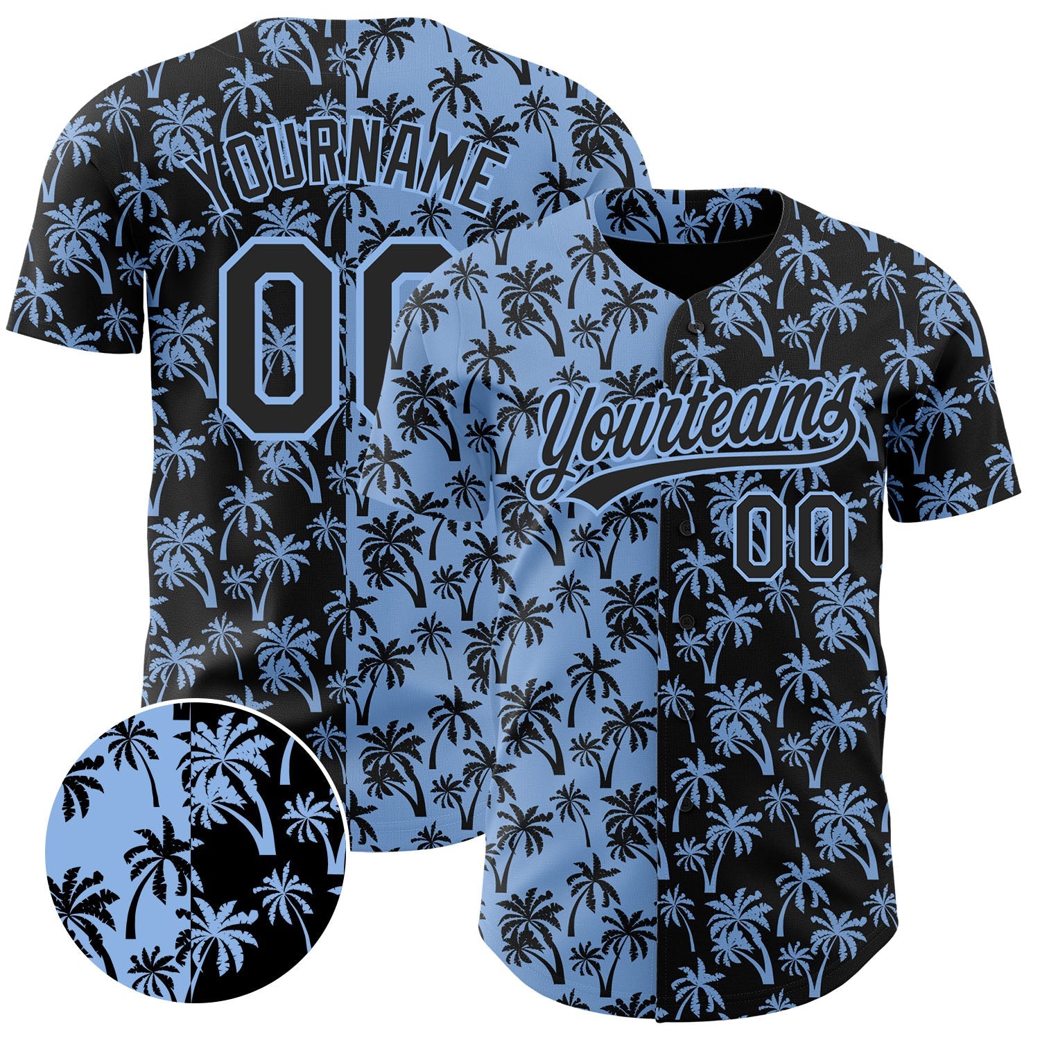 Custom Light Blue Black 3D Pattern Design Tropical Hawaii Palm Trees Authentic Baseball Jersey - Sky-Custom