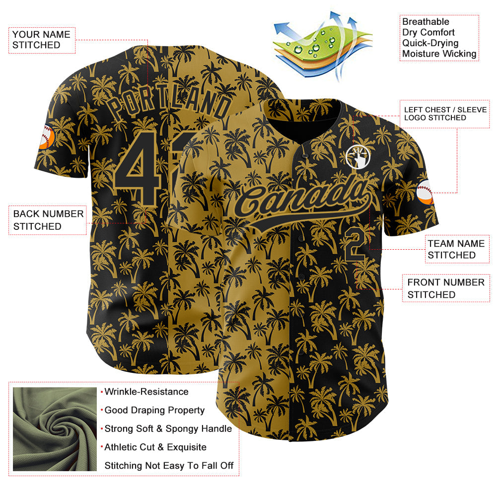 Custom Old Gold Black 3D Pattern Design Tropical Hawaii Palm Trees Authentic Baseball Jersey - Sky-Custom