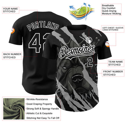 Custom Black White 3D Pattern Design Animal Pitbull Dog Authentic Baseball Jersey - Sky-Custom