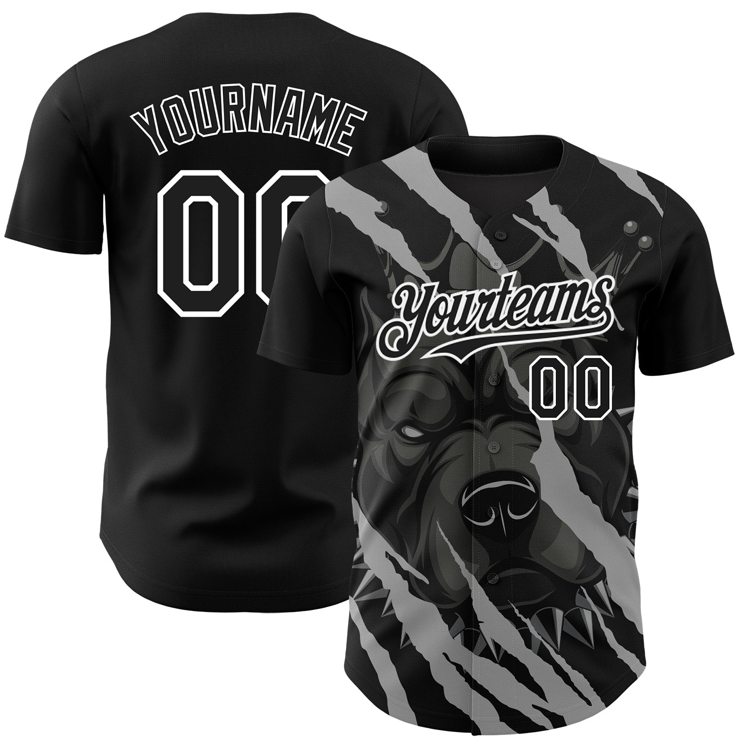 Custom Black White 3D Pattern Design Animal Pitbull Dog Authentic Baseball Jersey - Sky-Custom