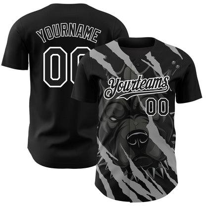 Custom Black White 3D Pattern Design Animal Pitbull Dog Authentic Baseball Jersey - Sky-Custom