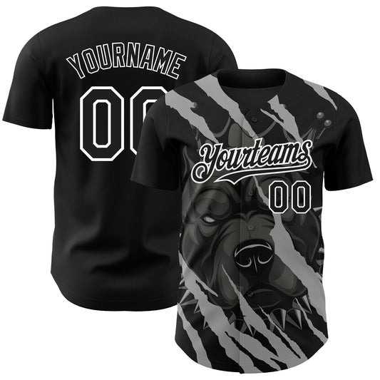 Custom Black White 3D Pattern Design Animal Pitbull Dog Authentic Baseball Jersey - Sky-Custom