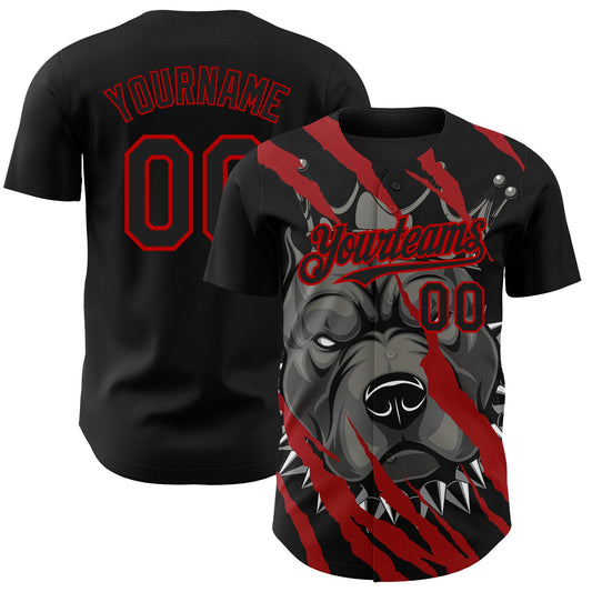 Custom Black Red 3D Pattern Design Animal Pitbull Dog Authentic Baseball Jersey - Sky-Custom