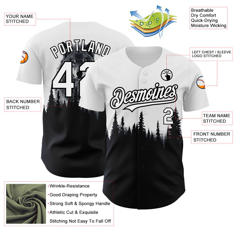 Custom White Black 3D Pattern Design Animal Wolf Authentic Baseball Jersey - Sky-Custom