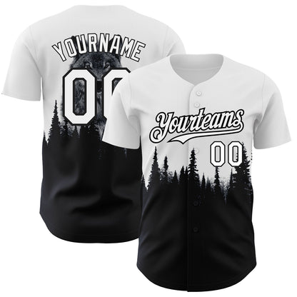 Custom White Black 3D Pattern Design Animal Wolf Authentic Baseball Jersey - Sky-Custom