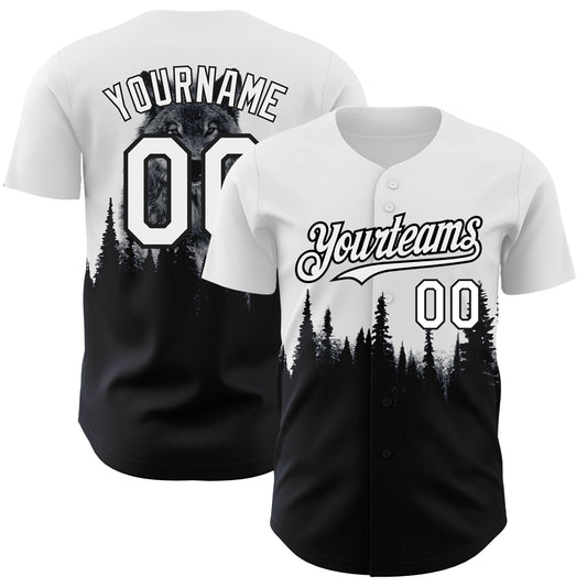 Custom White Black 3D Pattern Design Animal Wolf Authentic Baseball Jersey - Sky-Custom