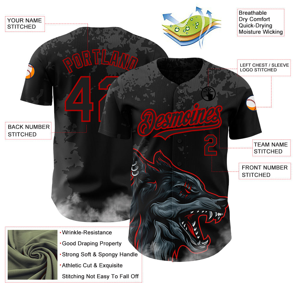 Custom Black Red 3D Pattern Design Animal Wolf Authentic Baseball Jersey - Sky-Custom