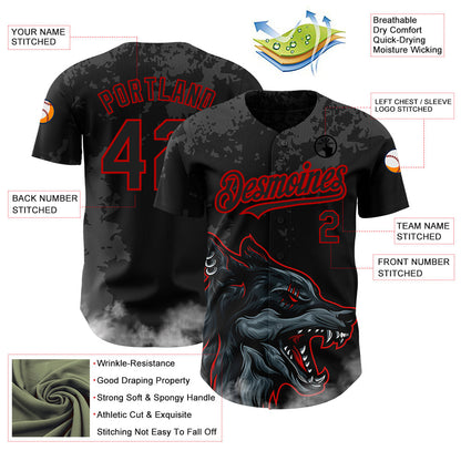 Custom Black Red 3D Pattern Design Animal Wolf Authentic Baseball Jersey - Sky-Custom