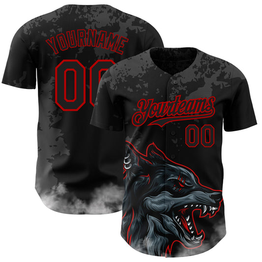 Custom Black Red 3D Pattern Design Animal Wolf Authentic Baseball Jersey - Sky-Custom