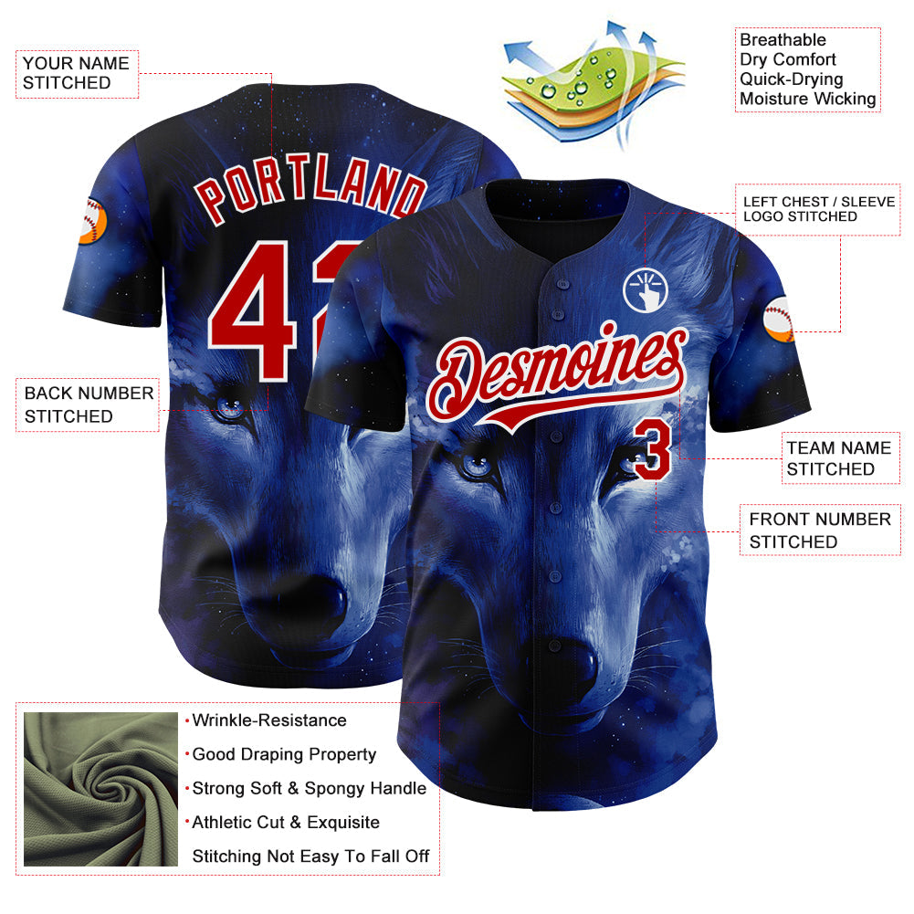 Custom Black Red-White 3D Pattern Design Animal Wolf Authentic Baseball Jersey - Sky-Custom