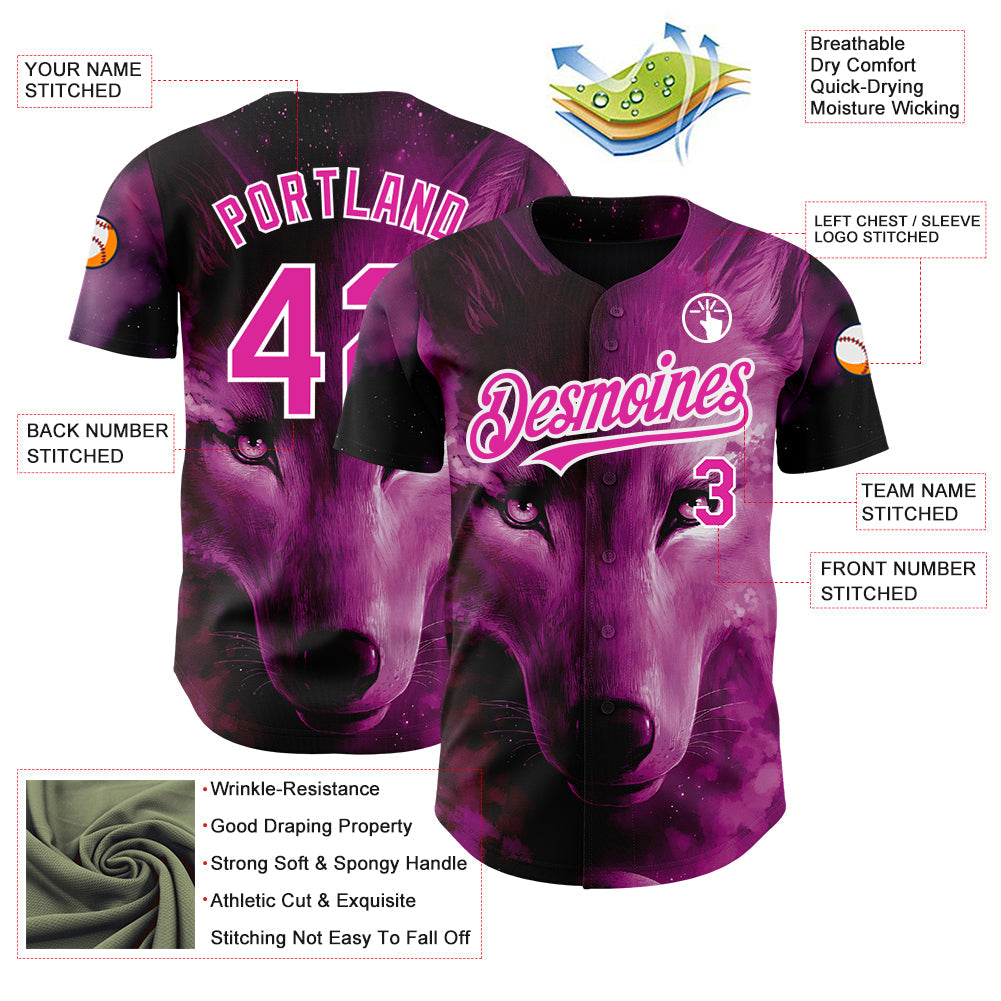 Custom Pink White 3D Pattern Design Animal Wolf Authentic Baseball Jersey - Sky-Custom