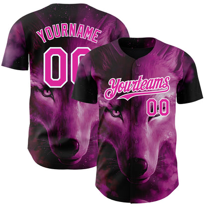 Custom Pink White 3D Pattern Design Animal Wolf Authentic Baseball Jersey - Sky-Custom