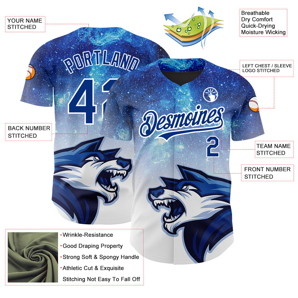 Custom Royal White 3D Pattern Design Animal Wolf Authentic Baseball Jersey - Sky-Custom