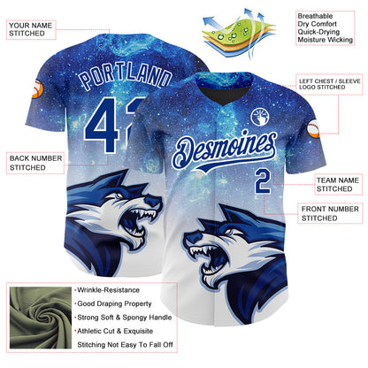 Custom Royal White 3D Pattern Design Animal Wolf Authentic Baseball Jersey - Sky-Custom