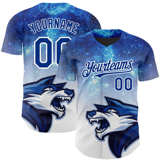 Custom Royal White 3D Pattern Design Animal Wolf Authentic Baseball Jersey - Sky-Custom