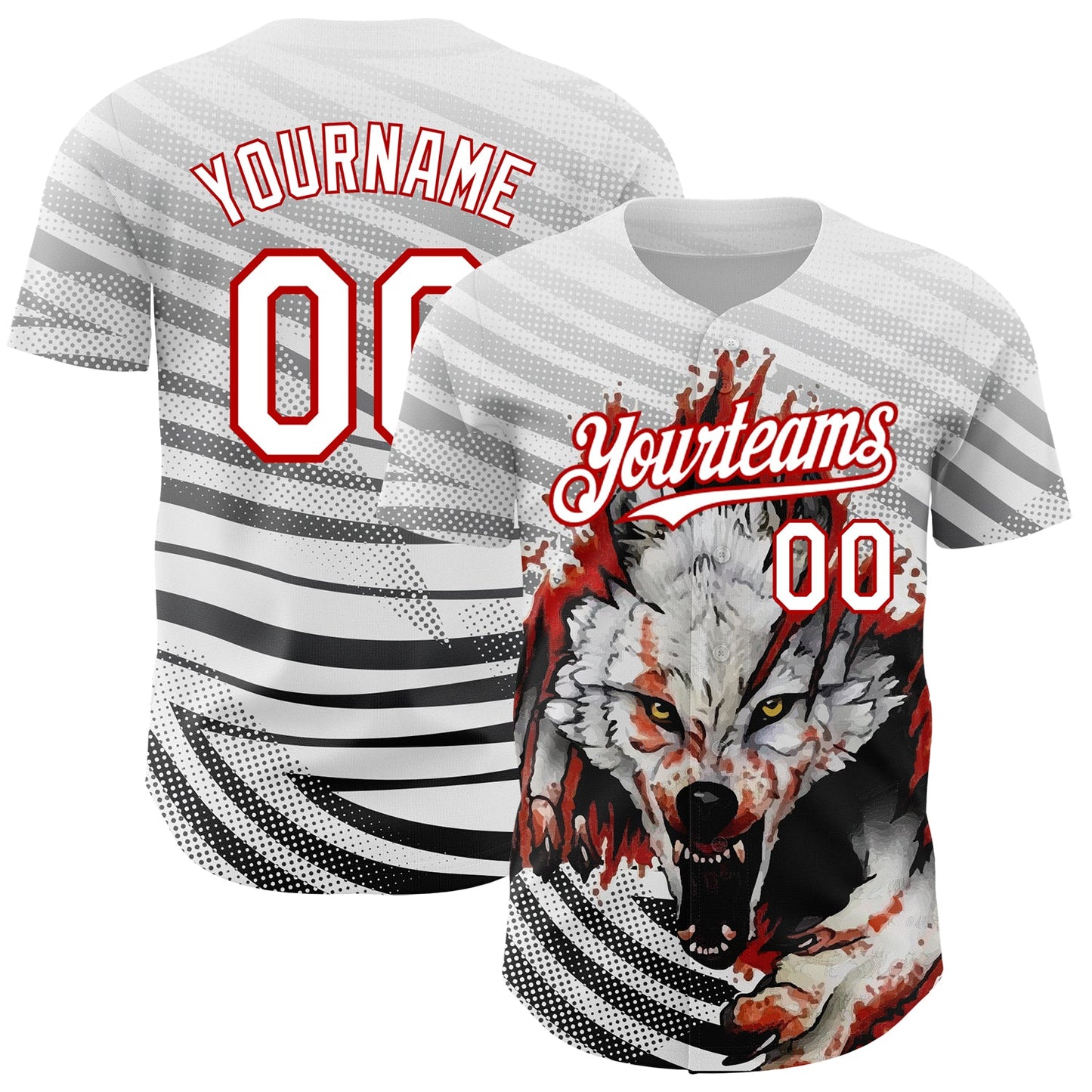 Custom White Red 3D Pattern Design Animal Wolf Authentic Baseball Jersey - Sky-Custom