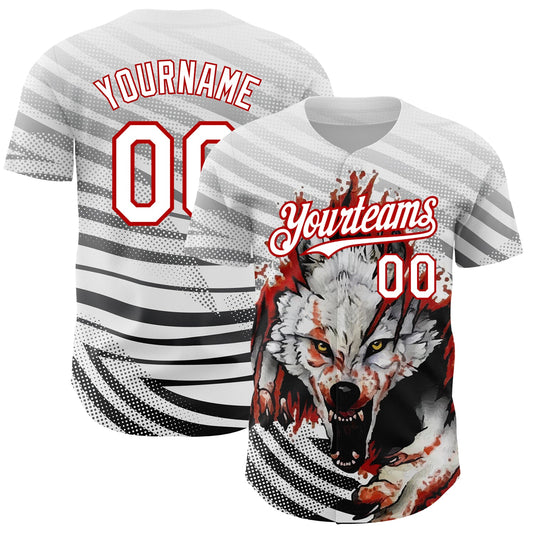 Custom White Red 3D Pattern Design Animal Wolf Authentic Baseball Jersey - Sky-Custom