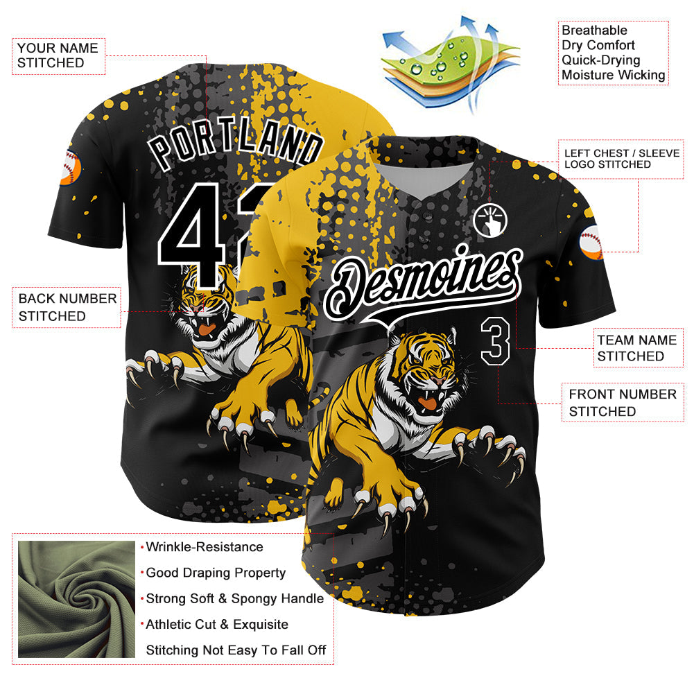 Custom Black Yellow-White 3D Pattern Design Animal Tiger Authentic Baseball Jersey - Sky-Custom