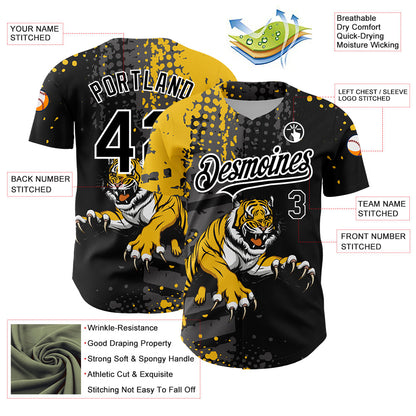 Custom Black Yellow-White 3D Pattern Design Animal Tiger Authentic Baseball Jersey - Sky-Custom