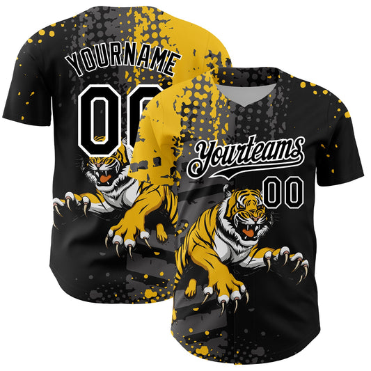 Custom Black Yellow-White 3D Pattern Design Animal Tiger Authentic Baseball Jersey - Sky-Custom
