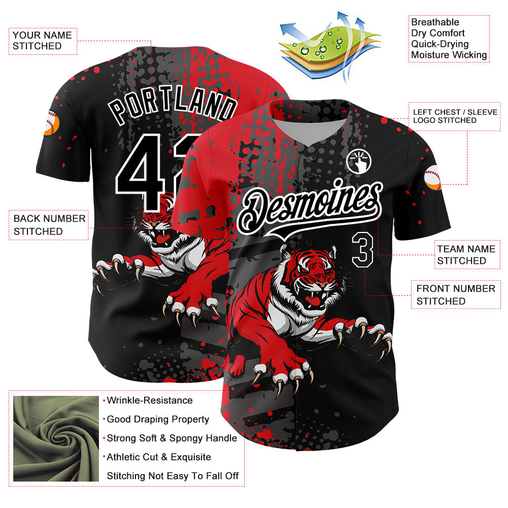 Custom Black Red-White 3D Pattern Design Animal Tiger Authentic Baseball Jersey - Sky-Custom
