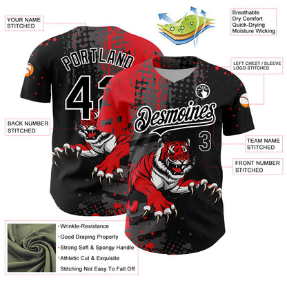 Custom Black Red-White 3D Pattern Design Animal Tiger Authentic Baseball Jersey - Sky-Custom