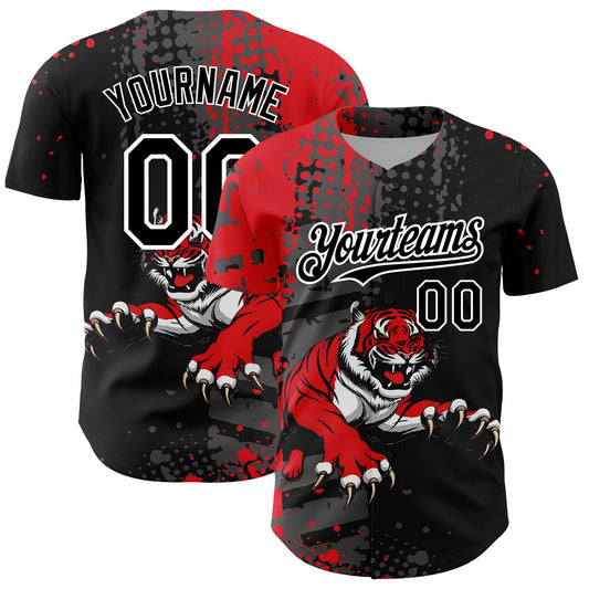 Custom Black Red-White 3D Pattern Design Animal Tiger Authentic Baseball Jersey - Sky-Custom