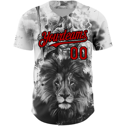 Custom White Red-Black 3D Pattern Design Animal Lion Authentic Baseball Jersey - Sky-Custom