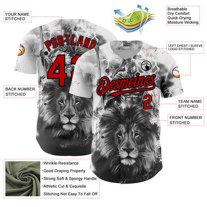 Custom White Red-Black 3D Pattern Design Animal Lion Authentic Baseball Jersey - Sky-Custom
