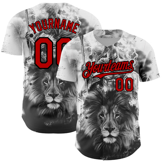 Custom White Red-Black 3D Pattern Design Animal Lion Authentic Baseball Jersey - Sky-Custom