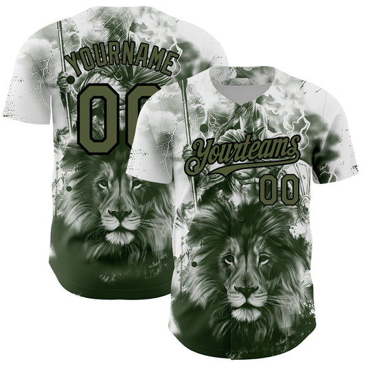 Custom White Olive-Black 3D Pattern Design Animal Lion Authentic Baseball Jersey - Sky-Custom