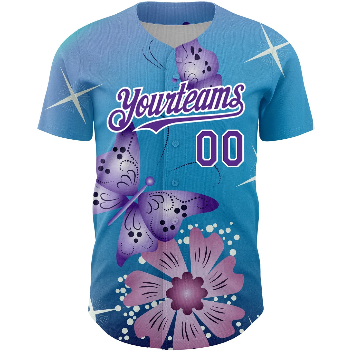 Custom Light Blue Purple-White 3D Pattern Design Animal Butterfly And Flower Authentic Baseball Jersey - Sky-Custom