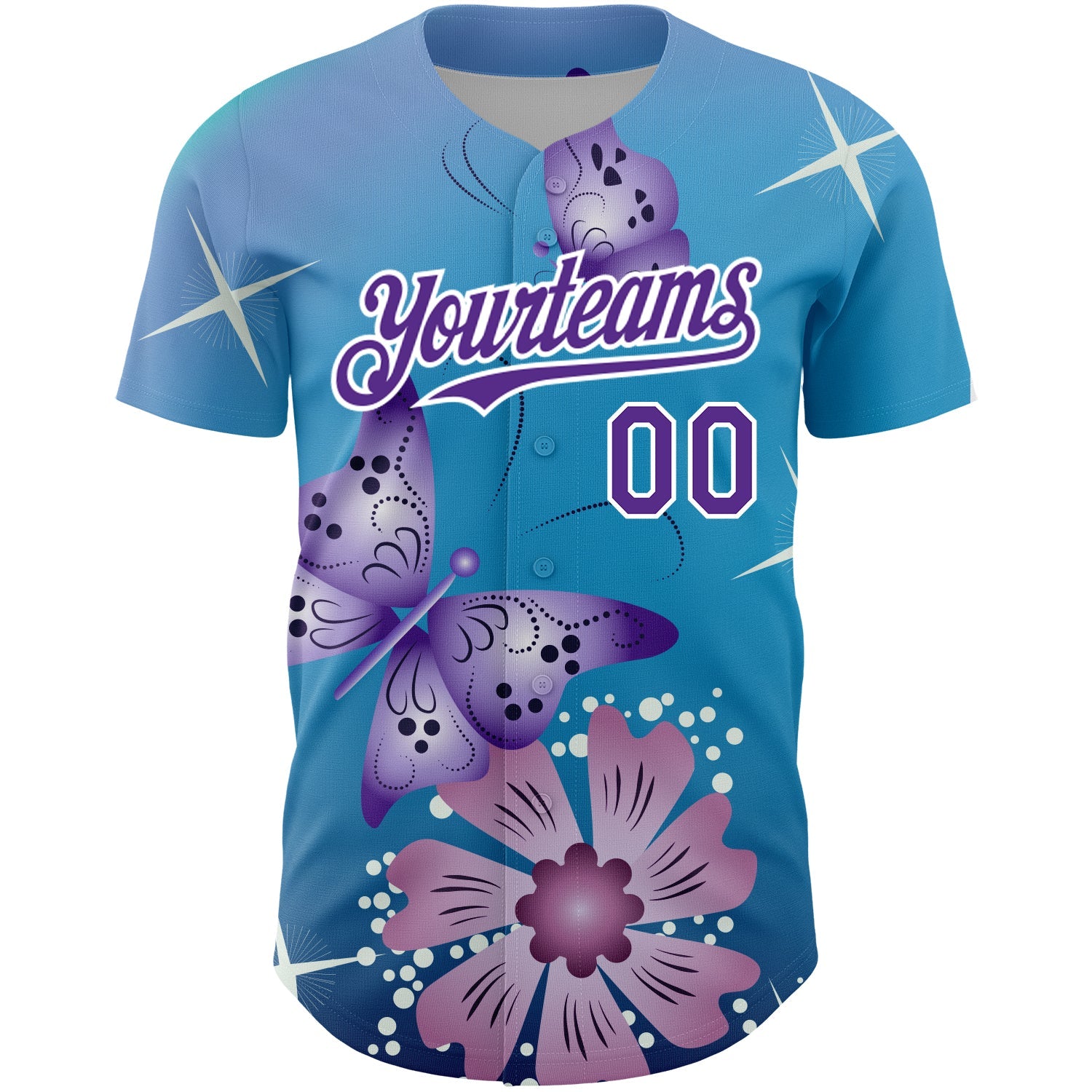 Custom Light Blue Purple-White 3D Pattern Design Animal Butterfly And Flower Authentic Baseball Jersey - Sky-Custom