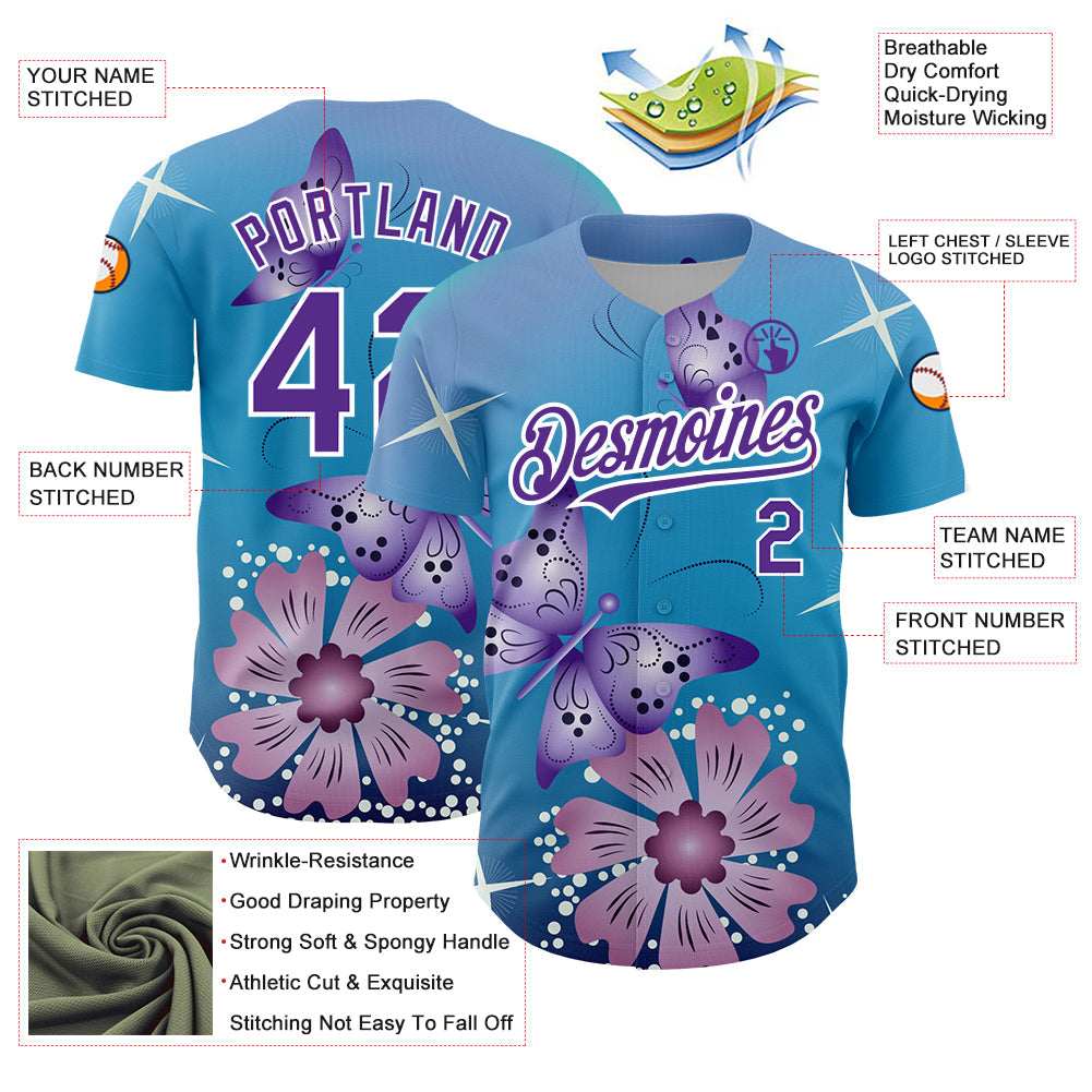 Custom Light Blue Purple-White 3D Pattern Design Animal Butterfly And Flower Authentic Baseball Jersey - Sky-Custom