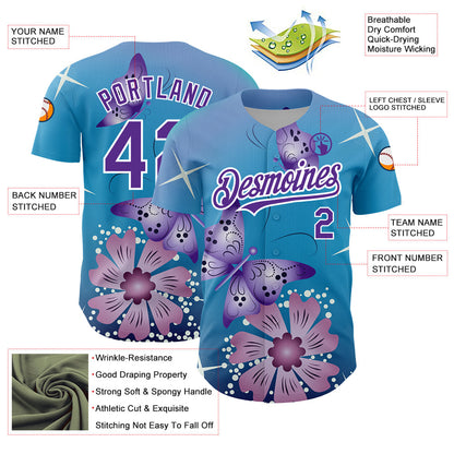 Custom Light Blue Purple-White 3D Pattern Design Animal Butterfly And Flower Authentic Baseball Jersey - Sky-Custom