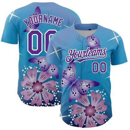 Custom Light Blue Purple-White 3D Pattern Design Animal Butterfly And Flower Authentic Baseball Jersey - Sky-Custom
