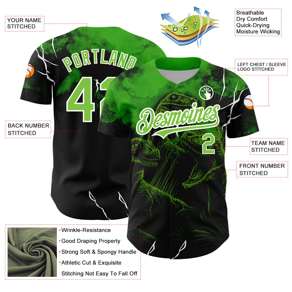 Custom Black Neon Green-White 3D Pattern Design Animal Dinosaur Authentic Baseball Jersey - Sky-Custom